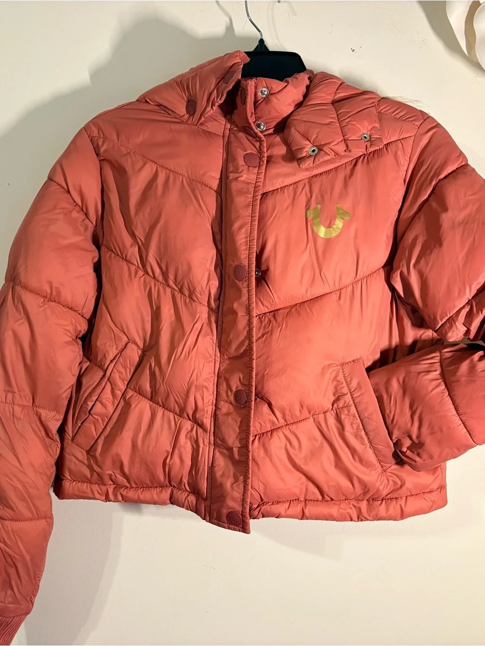 True Religion Coral Pink Puffer Jacket with Gold Logo